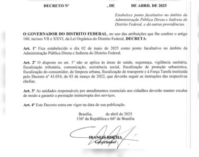 Decreto de Ibaneis dá ponto facultativo a servidores. Veja exceções