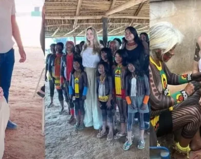 Angelina Jolie visita aldeia indígena no MT e se encontra com Raoni