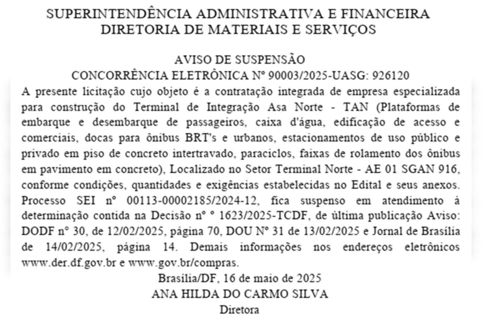 TCDF suspende licitação para construção do Terminal da Asa Norte