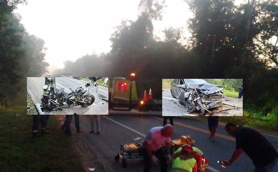 VÍDEO - Colisão entre carro e moto deixa motociclista em estado grave e interdita trecho da BR-101 em Sooretama